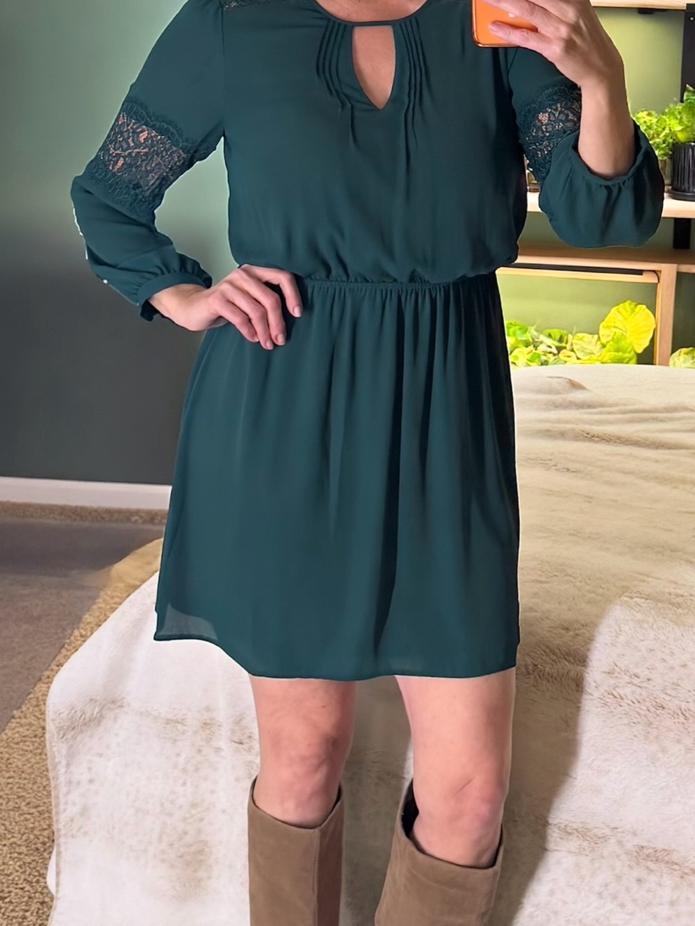 Express Teal Green Mini Dress with Lace Sleeve Insets